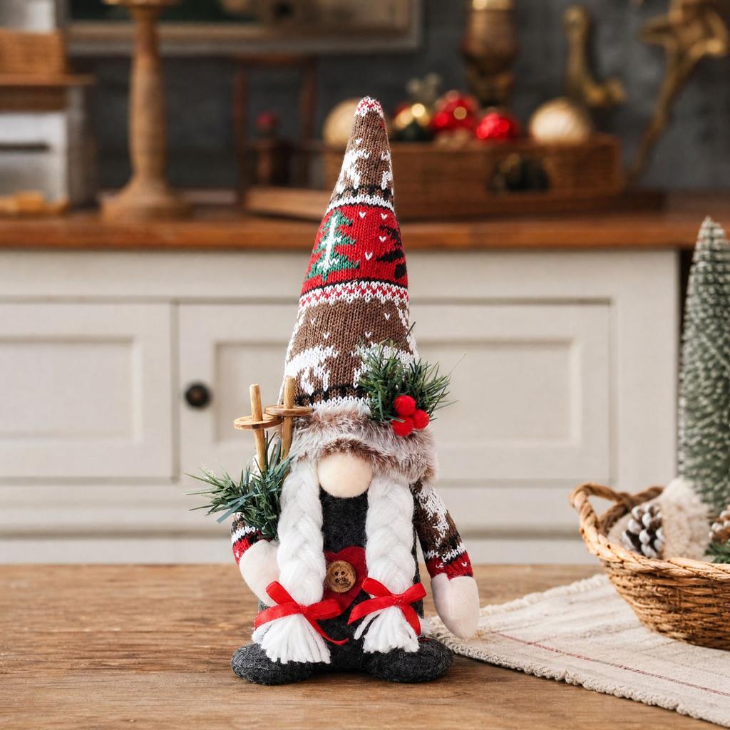 Christmas Gnome Couple Dolls with Knitted Hats, Faceless Ornaments for Store Window Display