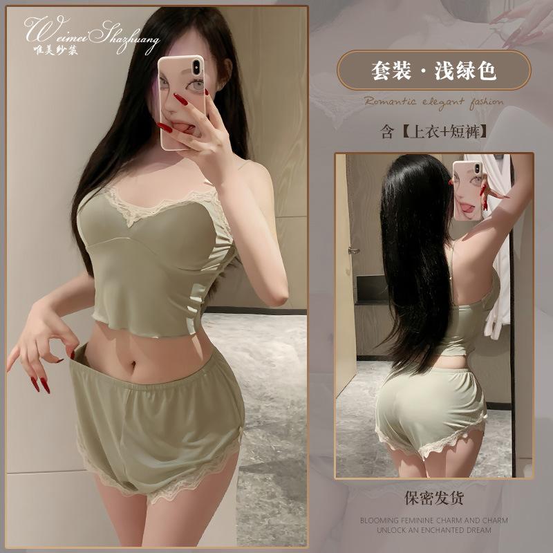 

Pure desire with chest pad suspender shorts two-piece set deep V temptation sexy split women s suit set L світло-зелений колір