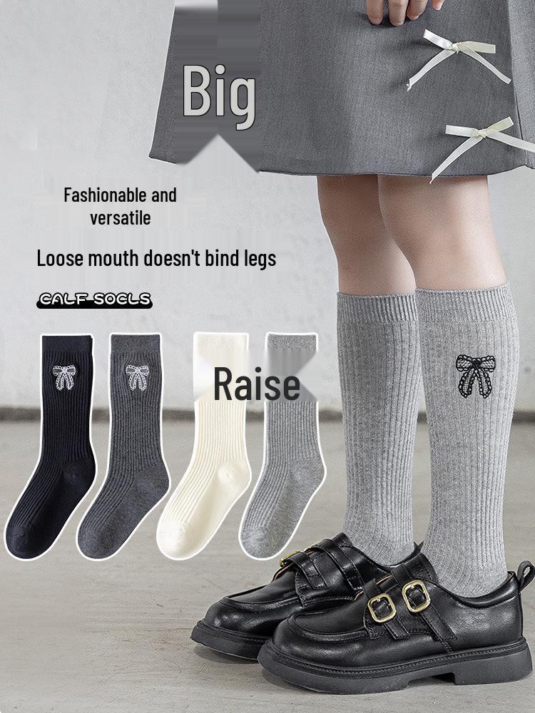 Girls' Calf Socks with Embroidered Bows - Spring/Autumn Cotton Long Socks for Children