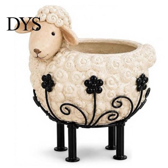 Cute Sheep Gift for Gardeners Farmhouse Planter Pot, Lamb Flower Pot with Metal Stand, Whimsical Animal Indoor Outdoor Greenery Holder Plant Container