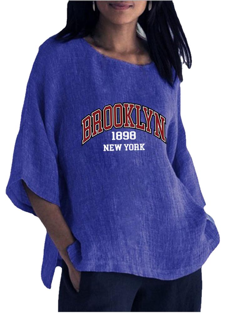 

Women Fashion Round Collar Print Shirt Spring&summer 3/4 Long Sleeve Top Ladies Cotton Linen Blouse S