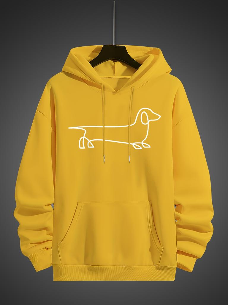 Minimalist One Line Dachshund Print Men's Gray Loose Hoodie, Hip Hop Sports Casual Pocket Street Sweatshirt