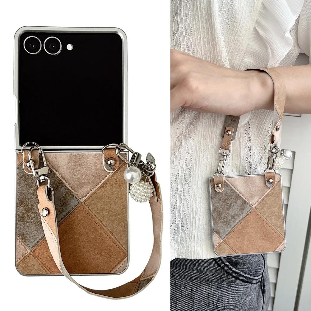 Fusion Business Sle Bla Color Collision Wristband Lanyard Leather Phone Case for Samsung Galaxy Z Flip 7 6 5 4 3 Protect Cover