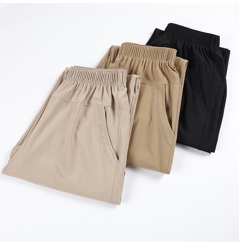 Dámské letní lehké kalhoty z ledového hedvábí - devítidélkové, volné s rovnými nohavicemi pro ženy středního a staršího věku