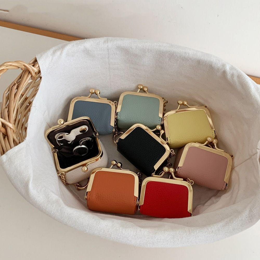Multicolored Kiss Lock Coin Purse With Keychain Small Item Bag Simple Leather Jewelry Bag Ring