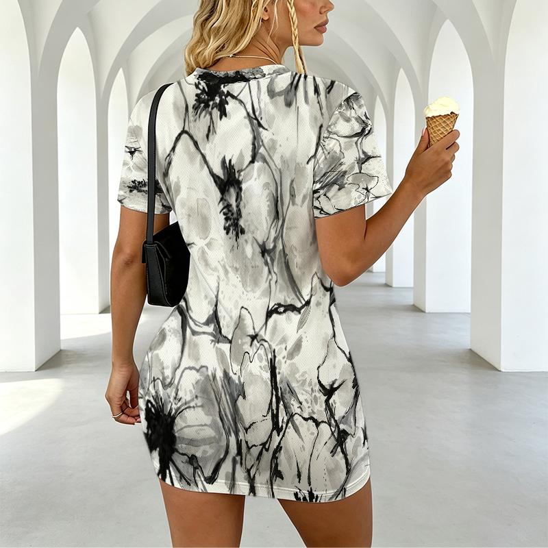Women's Black White Short Tight Dress,V-Neck Short Sleeve,Comfortable Fabric,Street Style,Perfect for Beach Casual Summer Night Market Wear