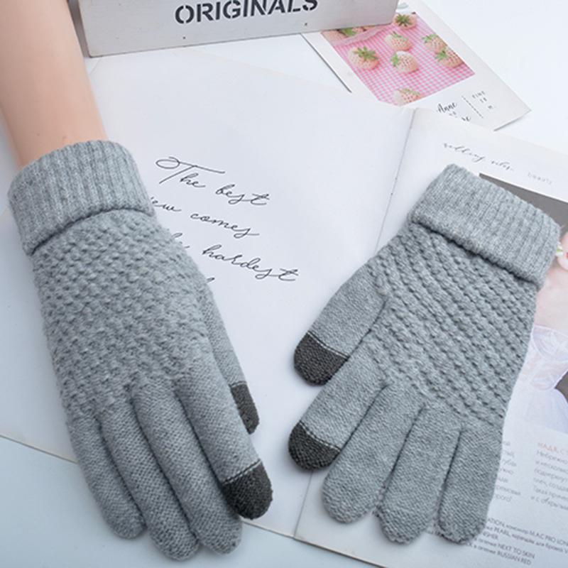 Korean-Style Touchscreen Gloves for Men & Women - Warm Velvet, Winter Cycling, Cute Wool Design, Five-Finger Fit, Ideal for Students