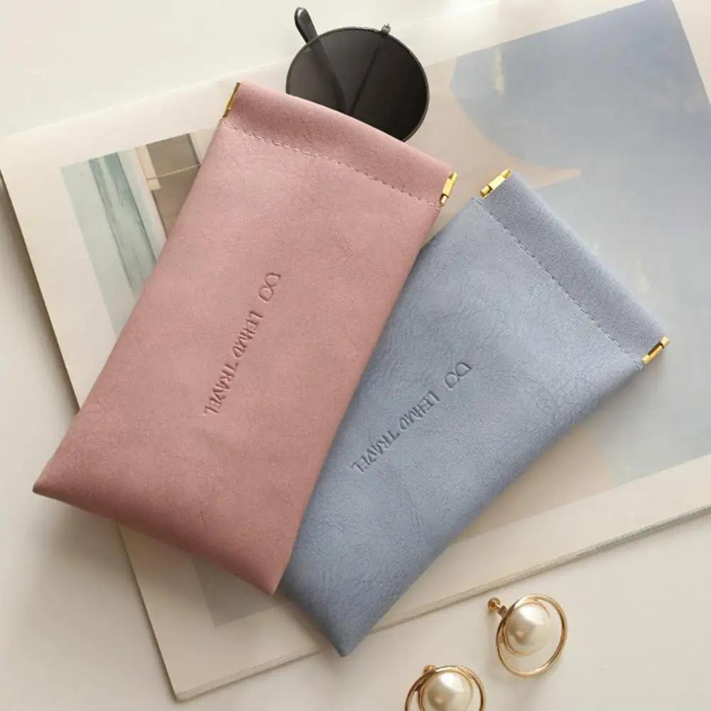 Automatic Closing Glasses Bag, Portable Solid Color Simple Sunglasses Leather Handbag, Unisex Glasses Case, Elastic Pocket