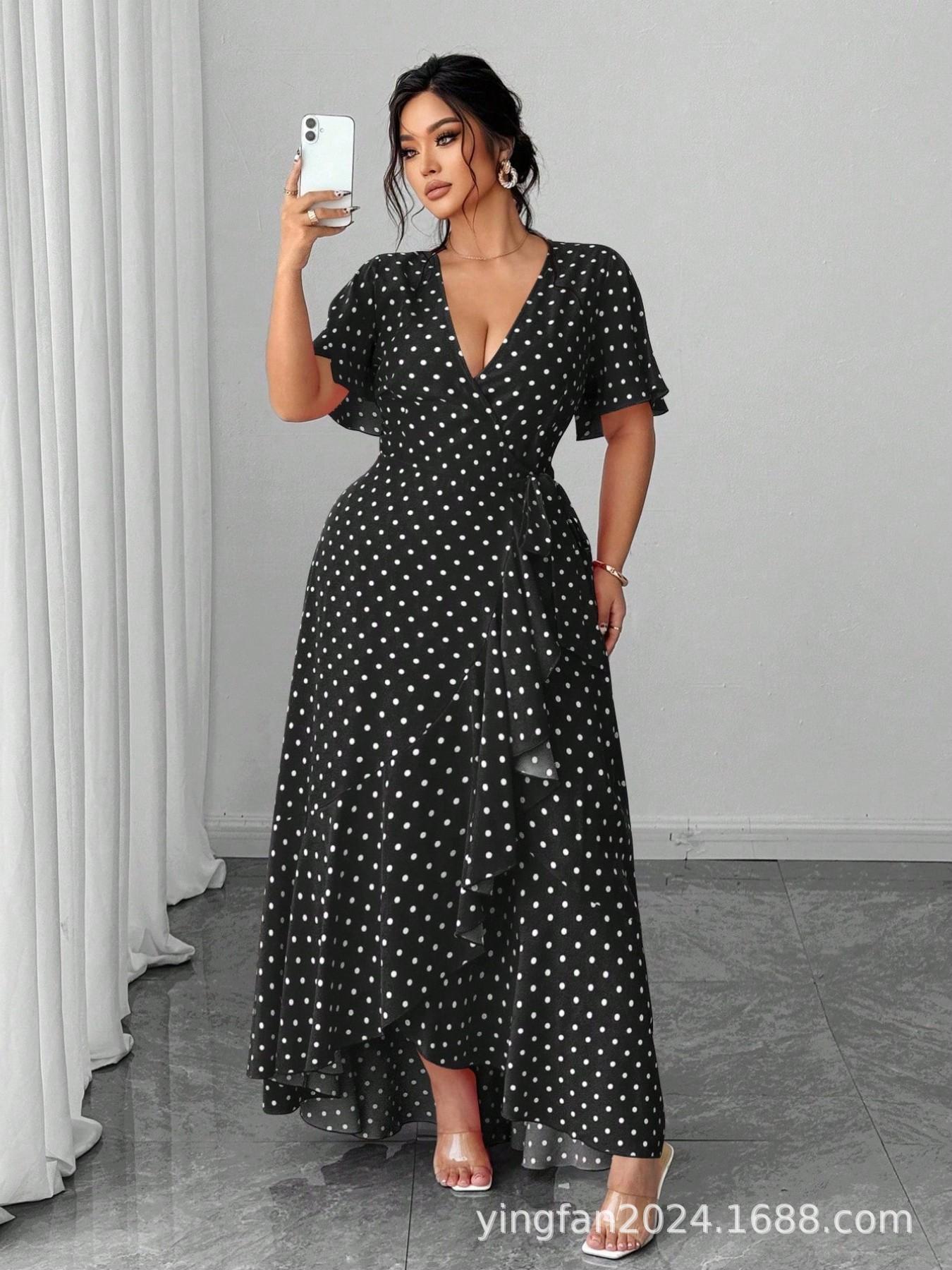 2026 European & American Retro Polka Dot V-Neck Ruffle Fishtail Dress 3XL