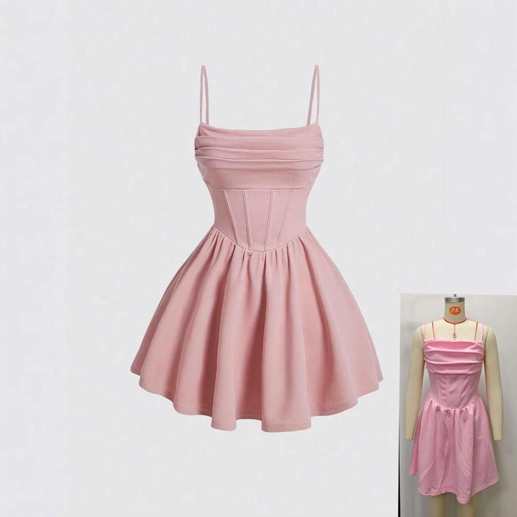 New Summer Fashion Evening Gown: Sexy Solid Color Pleated Dress with Back Zipper & Spaghetti Straps