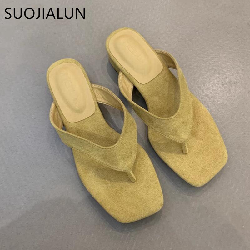 Fashion SUOJIALUN 2025 Summer New Brand Women Slipper Fashion Square Low Heel Ladies Casual Sandal Shoes Outdoor Dress Slip On Flip Flop