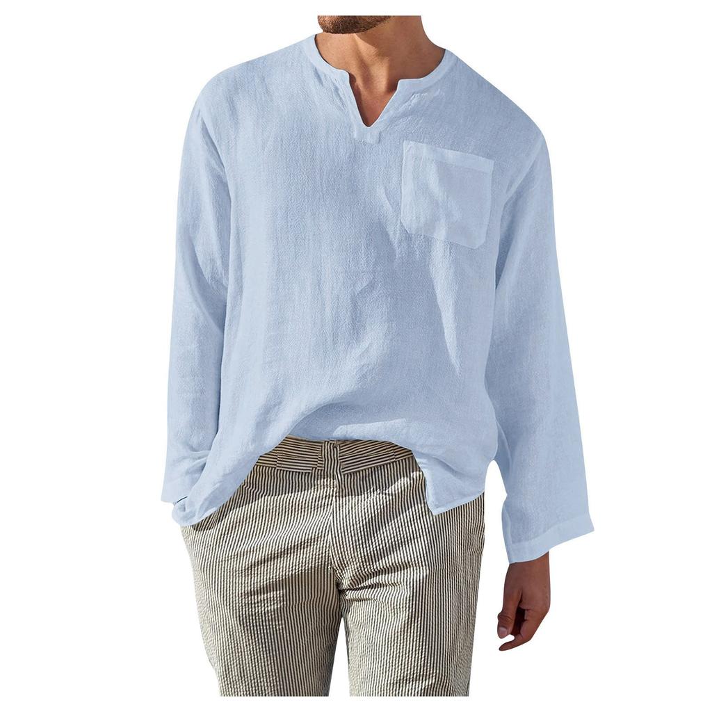 Men's Casual Linen Solid Color Long Sleeve Shirts Loose Stand Collar Shirts
