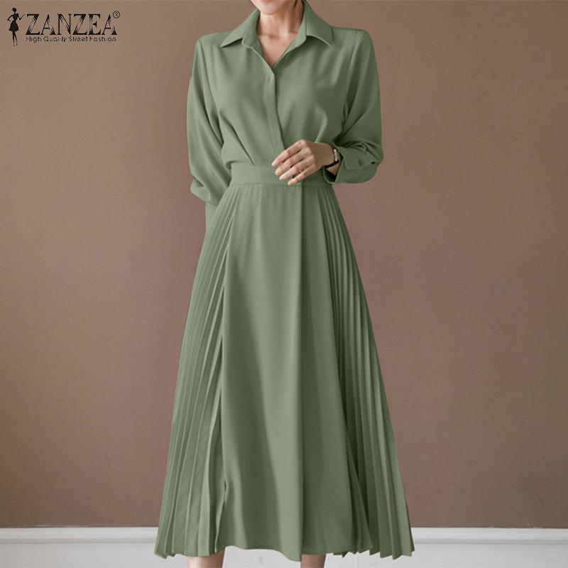 

ZANZEA Женское винтажное плиссированное повседневное длинное платье с длинным рукавом и поясом