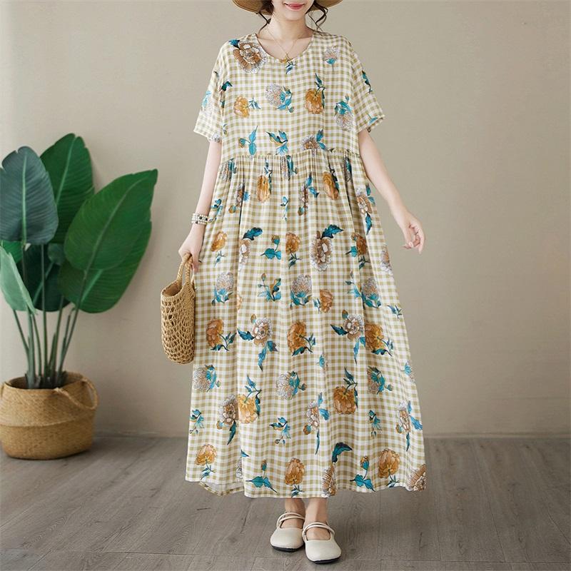 Short sleeve Plus size cotton vintage Plaid floral new in dresses for women casual loose long summer dress