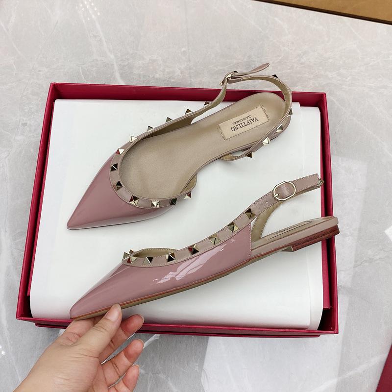 Spring and summer rivet tip one-word buckle flat shoes bag head flat heel leather willow shoes cool slippers women's outer wear