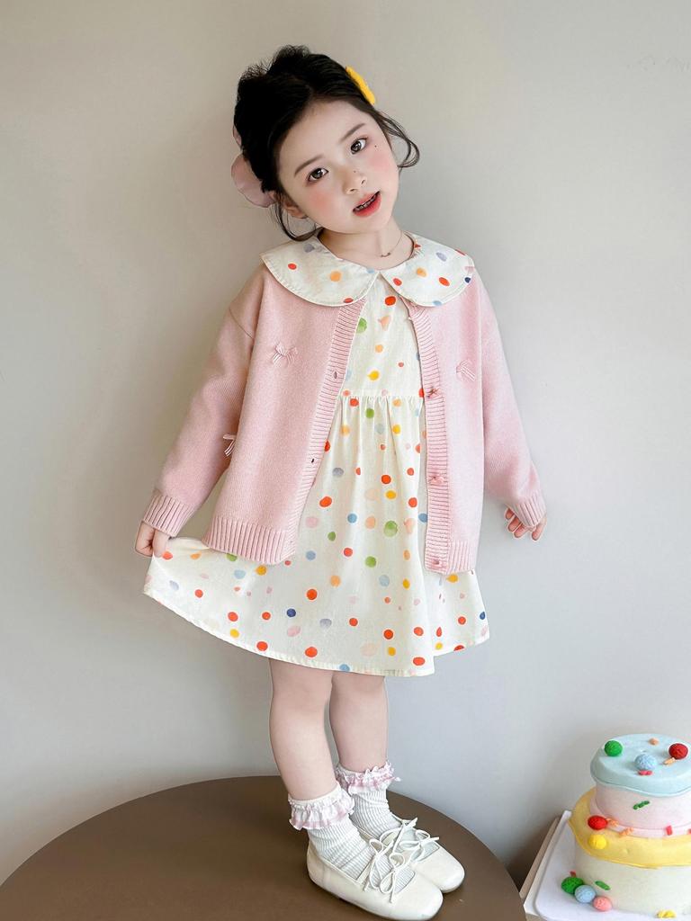 Girls' Polka Dot Doll Collar Knit Dress & Cardigan Set - Spring/Autumn Two-Piece Outfit