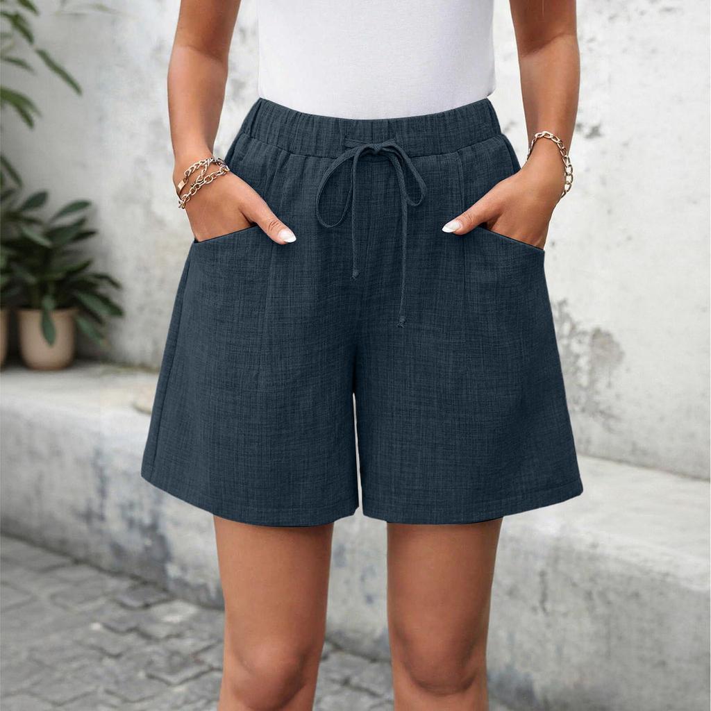 Women's Casual Linen Shorts Elastic Waisted Drawstring Summer Shorts With Pockets