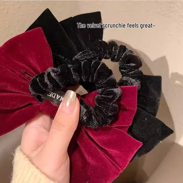 Burgundy Velvet Bow Hair Tie – High-End Women's Hair Accessory for Autumn/Winter 2023