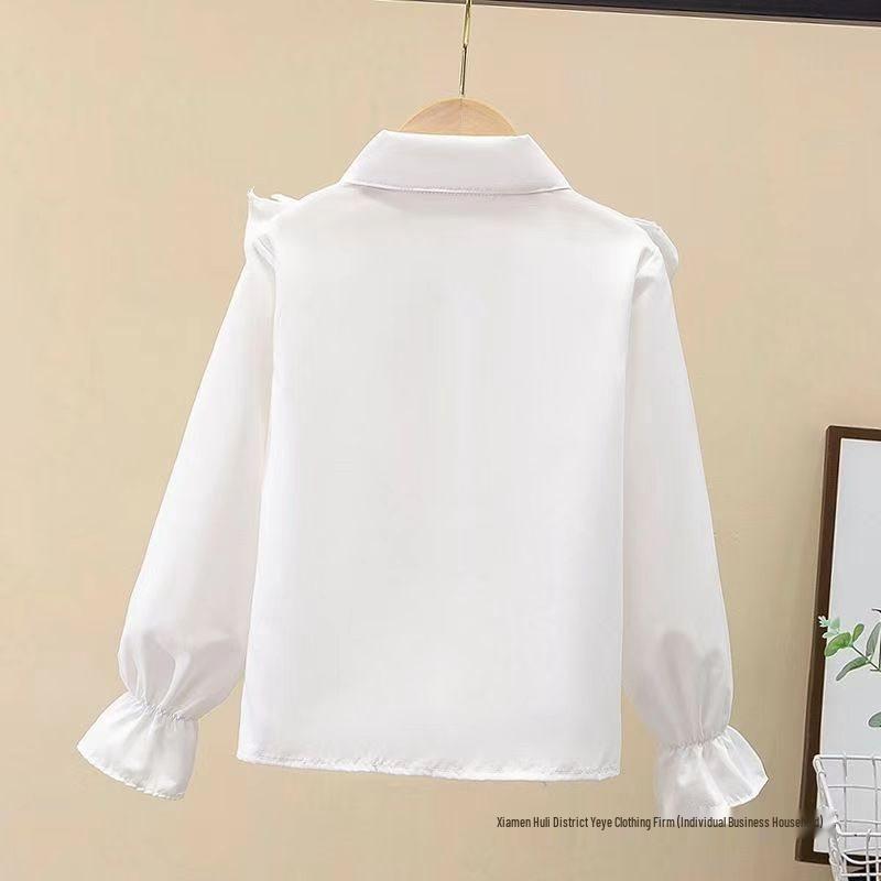 Autumn White Girls' Peter Pan Collar Long Sleeve Shirt - Fashionable Top for Big Kids and Students