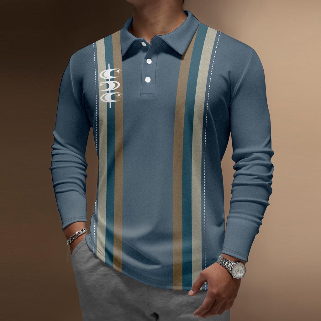 Men'S Lapel Long Sleeve Printed Casual Top Loose Sports Lapel Shirt