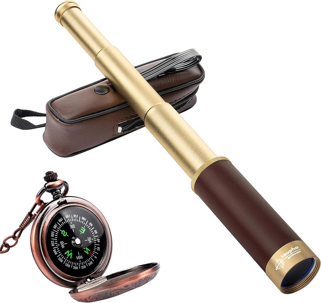 Laupha Pirate Vintage Cosplay Pirates of the Collectible with Pocket Compass Telescope, Monocular, 25x30mm, Extendable, Compact, Portable, Kids'