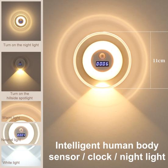 LED Motion Sensor Night Light with Digital Clock 3 Color Temperatures Stepless Dimming Motion Activated Night Lamp