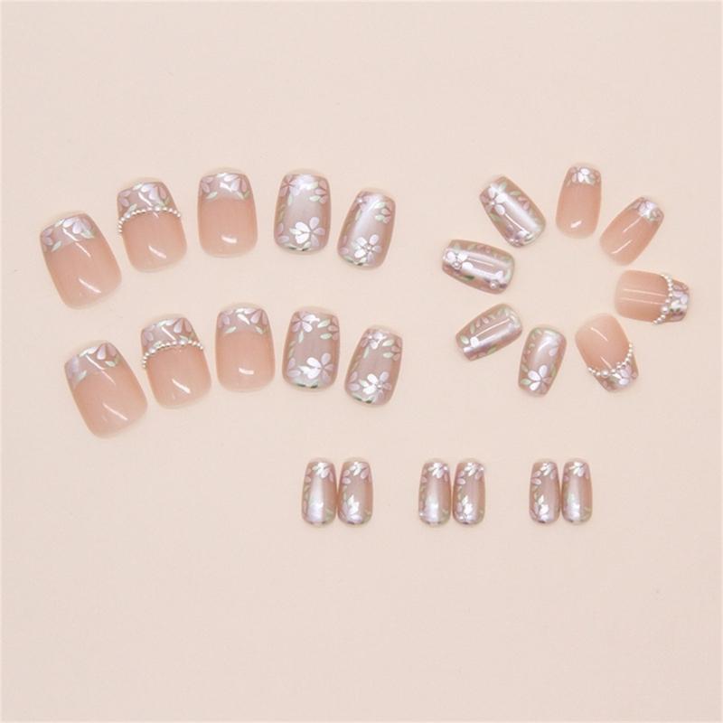 24 Pcs French Tip Press On Nail Cats Eye False Nail Pearls Flowers Acrylic Nail Short Full Cover Stick on Nail