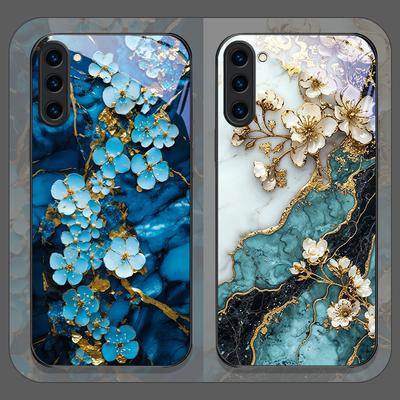 Funda de Cristal Templado con Textura de Mármol y Flores Estéticas para Samsung Galaxy S26 S25 Ultra S24 S23 Plus S22+ S21 S20 FE 5G