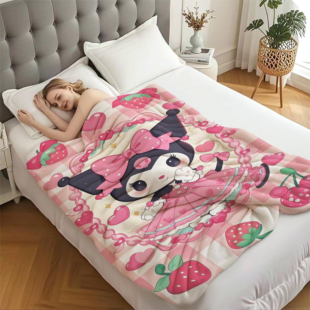 Kuromi Lightweight Cozy Flannel Blanket Cute Strawberry Cherry Heart Pattern Flannel Plush Throw for Home Bedroom Living Room