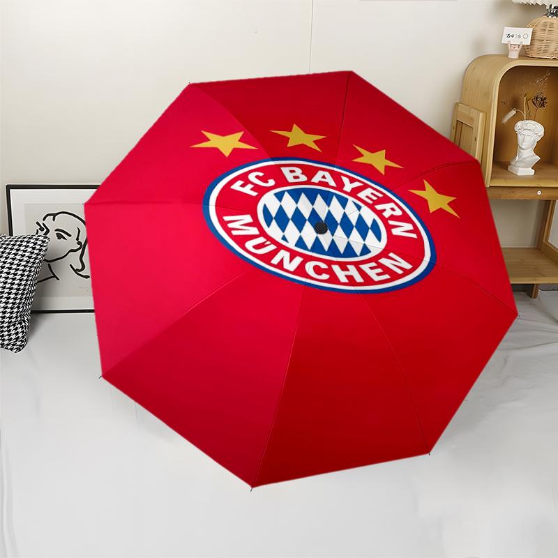 FC Bayern München Logo Print Automatic Umbrella, 8 Rib Iron Frame, Plastic Handle, Suitable for Outdoor Travel &Daily , Ideal Gift