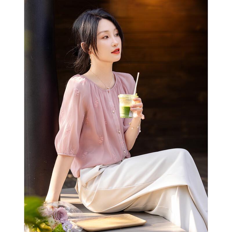 Demana Pink French Embroidered Doll Collar Blouse XL