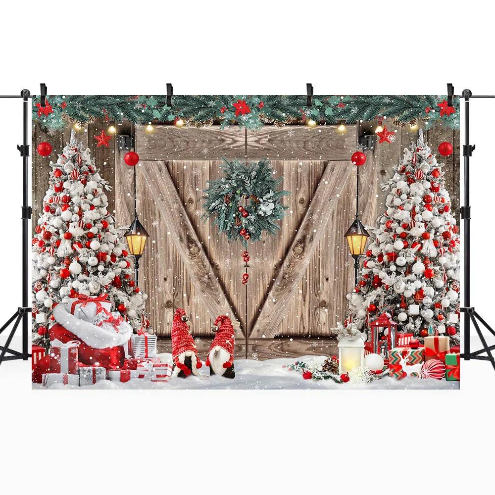 Christmas Party Backdrop Wooden Door Christmas Tree Snowflake Snow Scene Kids Portrait Photography Background Photo Studio Props