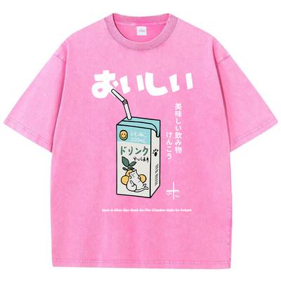 Casual Women Cotton Washed T-Shirt Cartoon Drink Pattern Printing Short Sleeve Loose O-Neck Tee Shirt Vintage Female Clothes
