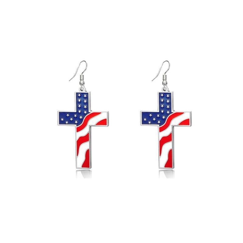USA Flag Necklace Earrings Set Alloy Cross Pendant Patriotic Themed Jewelry for Men Women 4th of July Celebration Wear