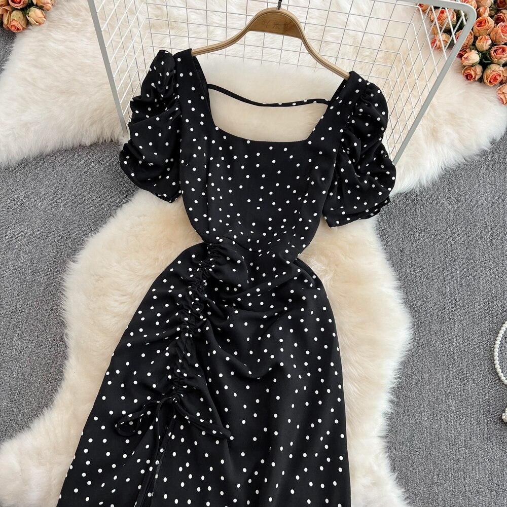 Seaside Holiday Backless Super Sexy Square Collar Slim-fitting Sleeved Mid-length Split Dot Dress