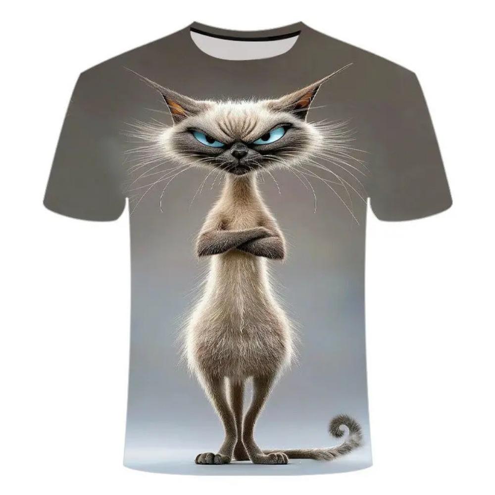 Men's T-shirt with fun cat pattern, 3D animal print, loose summer short sleeve casual round-neck top