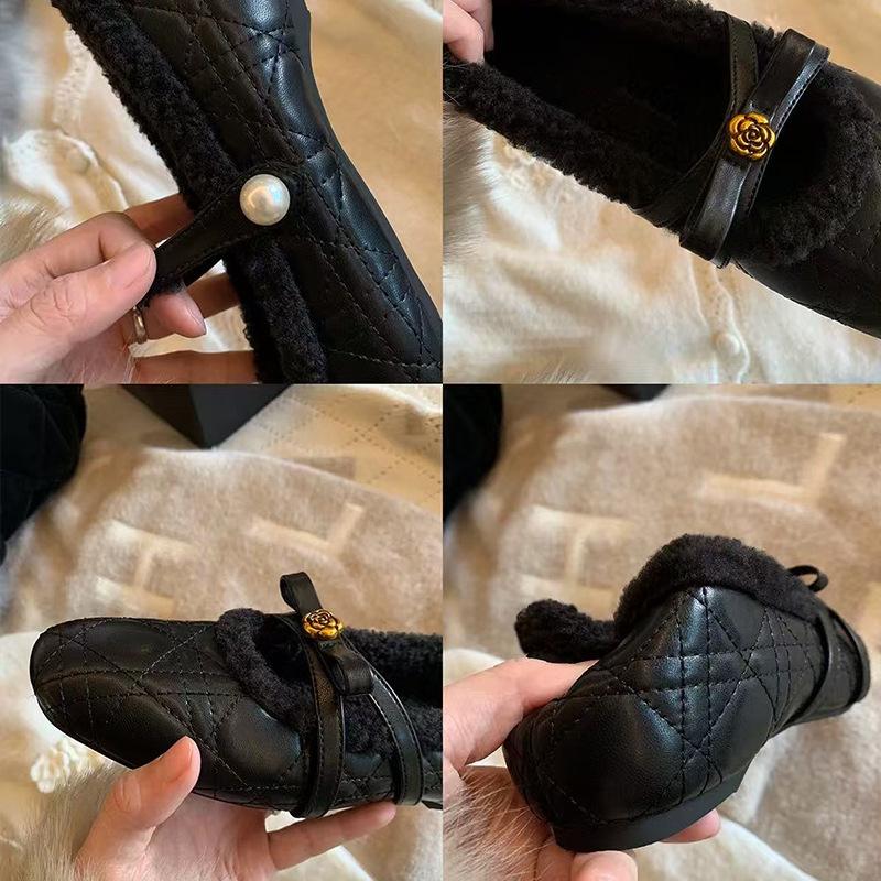 Soft Leather French Camellia Velvet Mary Jane Shoes Women's Height Increase In Autumn and Winter