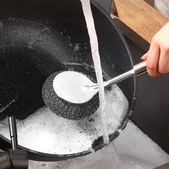 Pot Brush Rust-Proof Stainless Steel Scrubber with Ergonomic Non-Slip Handle Pots Pans Grills Ovens Cleaning Brush Stubborn Stain Remover