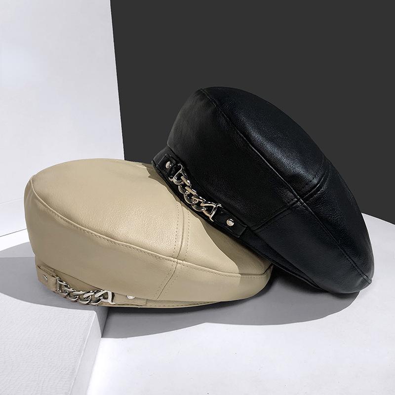 Vintage Women's PU Leather Beret Cap with Chain French Artist Style Warm Beanie Hat Adjustable All-Match Female Ladies Accessory