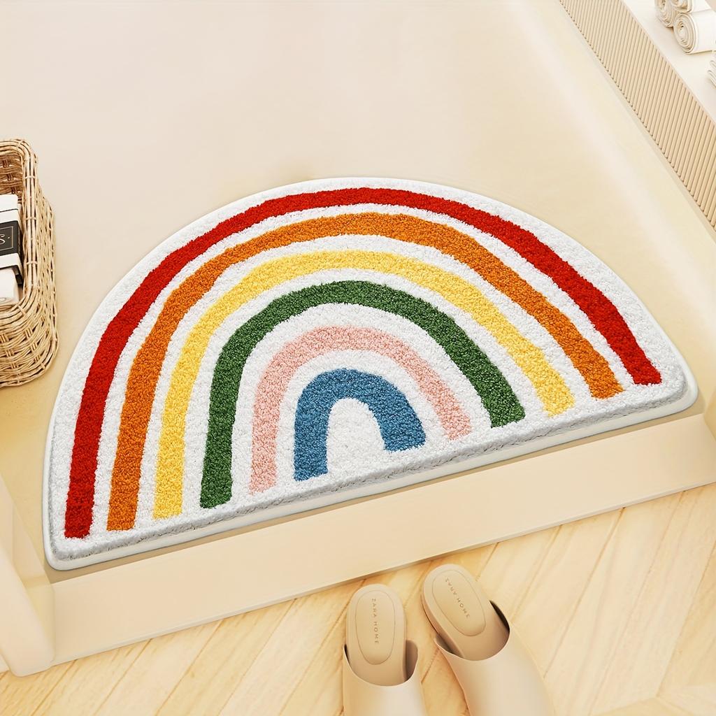 Fluffy Rainbow Bath Rug, Semicircular Polyester Knit Fabric Bath Mat, Absorbent Bathroom Carpet, Fluffy Plush Winter Decor Decoration