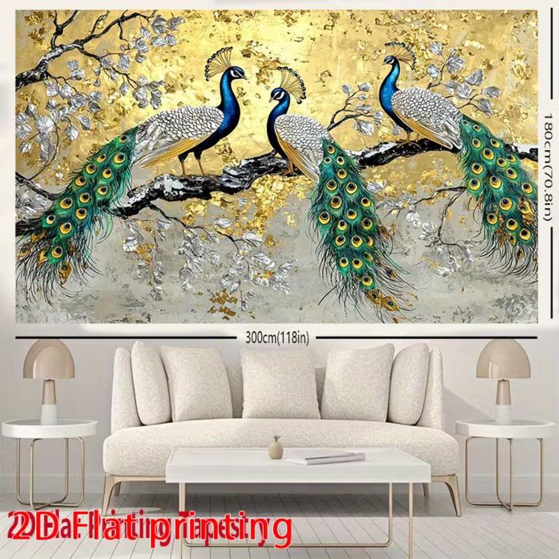 2D Art Peacock Tapestry Cloth Gold Background with Silver Leaves Home Decor