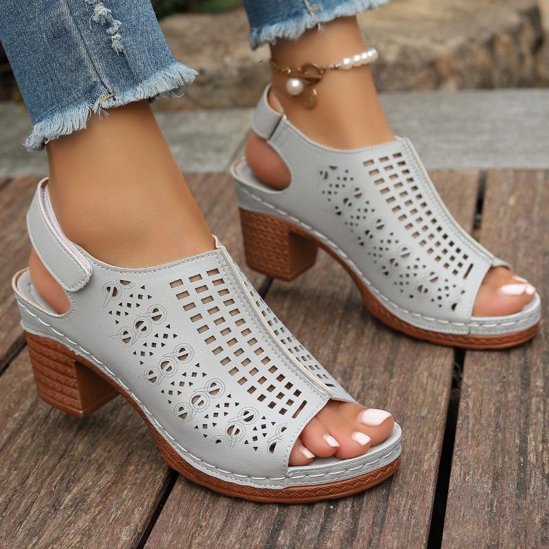 Fashion Retro Large Size Women's Sandals Thick Heel Roman Style Slip-On Shoes PU Leather Rubber Sole Comfortable Sandale Femme
