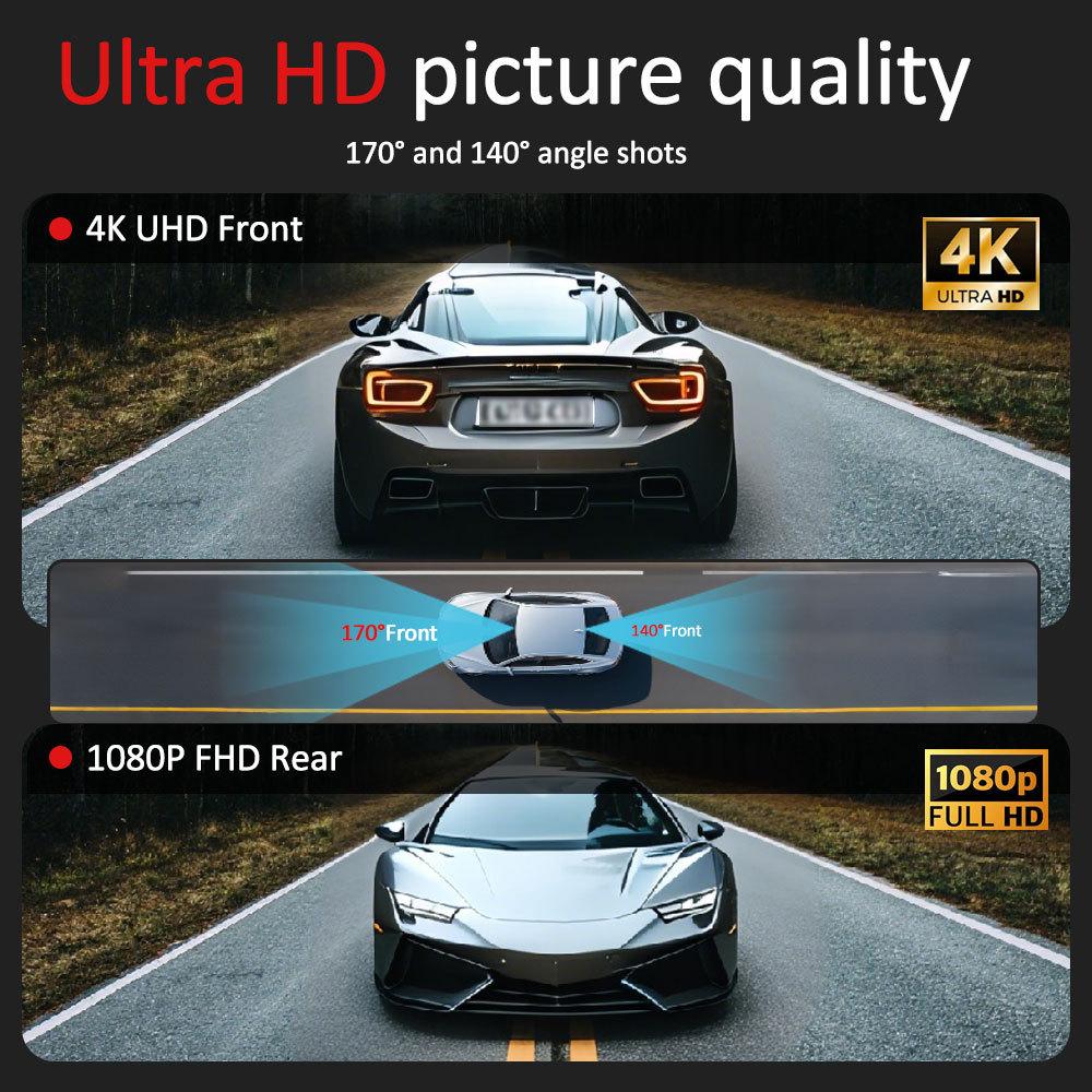 4K Dual Lens Dash Cam, Front and Rear Recording, Super Wide Angle, Night Vision, WiFi, GPS