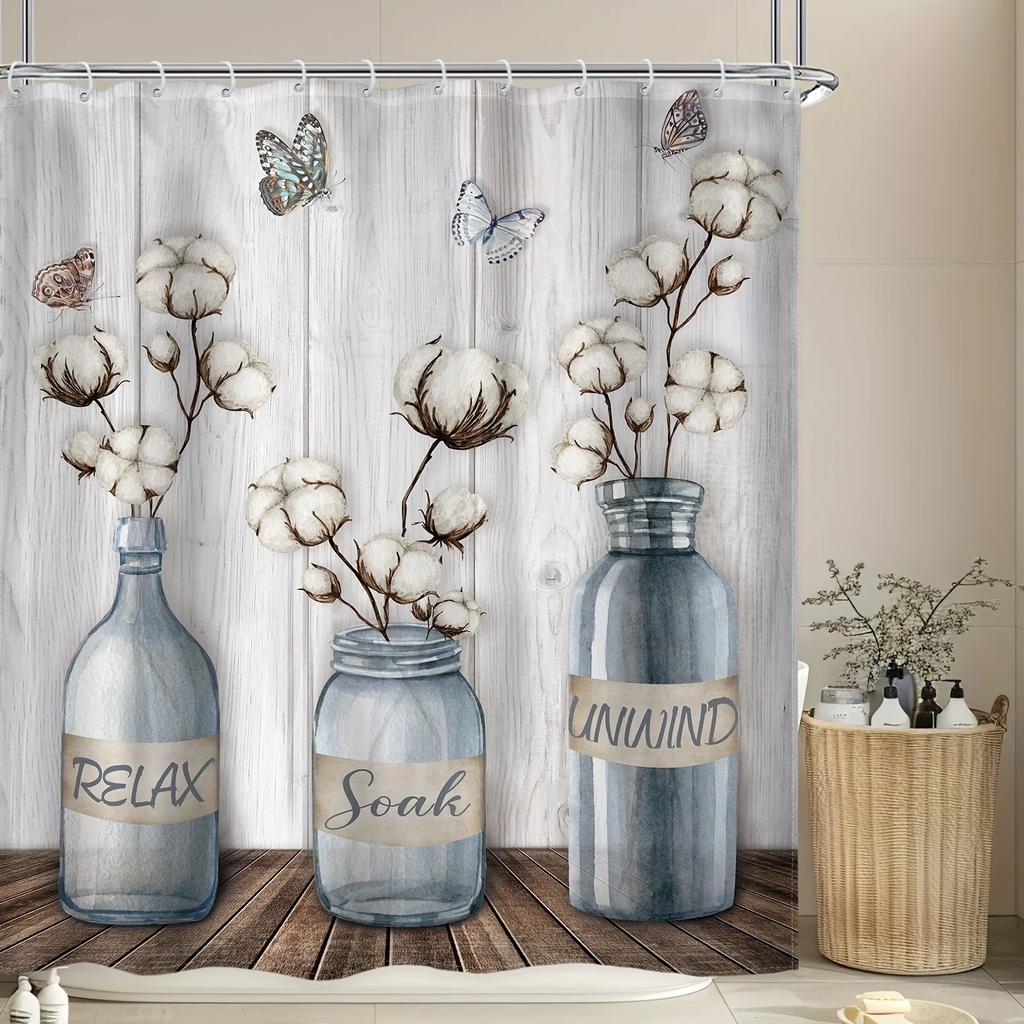 1pc Rustic Farmhouse Shower Curtain - Butterfly Vintage Farm, White Barn Door Design - Country Modern Western Wood Plank Theme