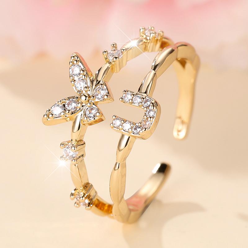 Double Layer Zircon Butterfly 26 Letters Open Rings for Women Gold Color Adjustable Ring Finger Jewelry Wedding Gift
