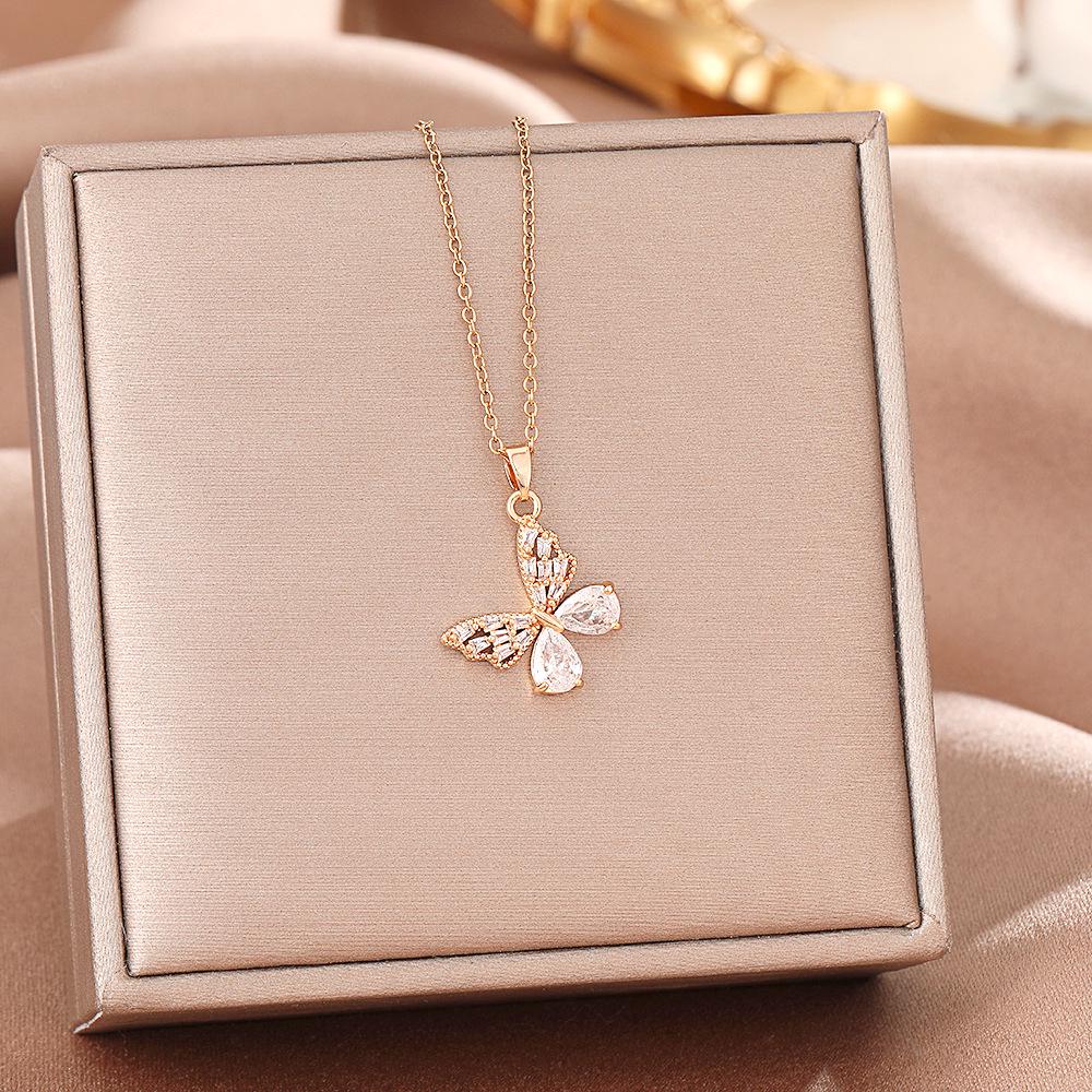 Women's Butterfly Titanium Necklace: Micro-Inlaid Diamonds, Exquisite Luxury, Non-Fading Design