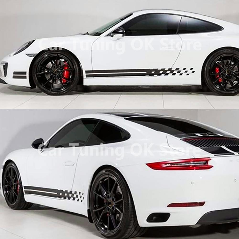 Checkered Graphic Car Door Side Skirt Stickers for Porsche 718 911 Racing Sport Auto Body Stripe Vinyl Film Decals Accessories