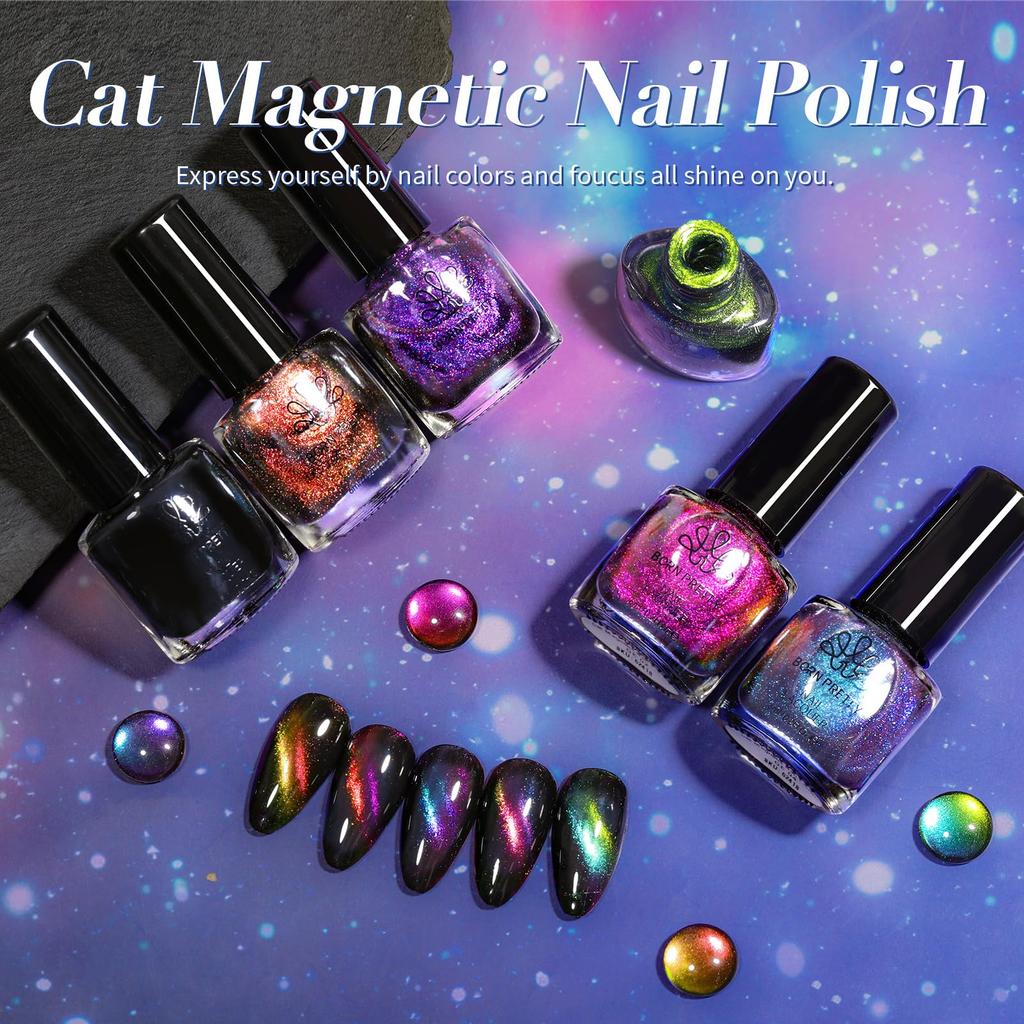 BORN PRETTY Cat Eye Nail Polish Holographic Chameleon Galaxy Magnetic Nail Polish with Black Magnetic Salon Home Gift for Women 5-Color Set,