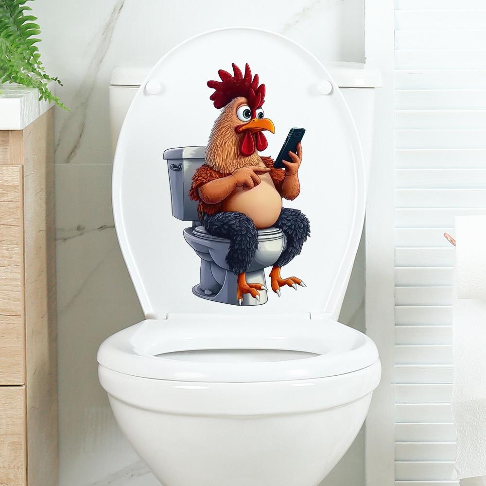 Creative Rooster Watching Phone Toilet Lid Sticker for Bathroom Cabinet Wall Decor