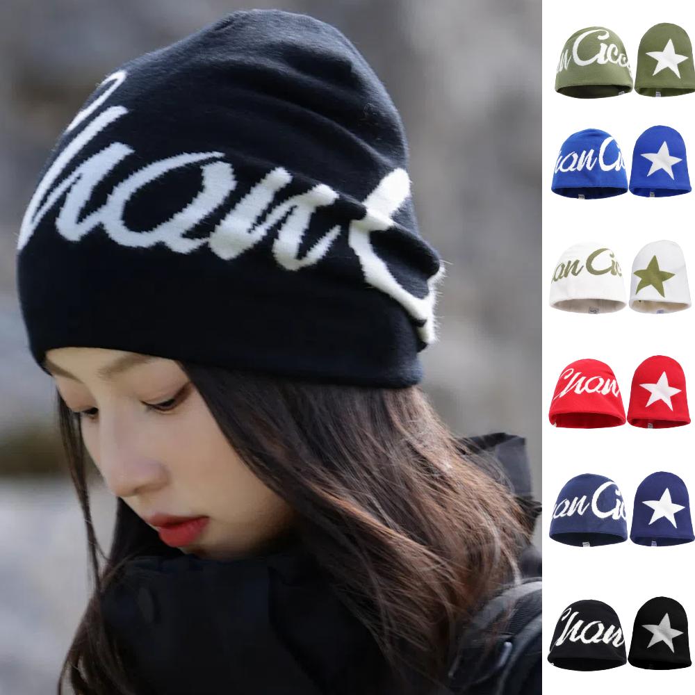 Fashion Letter Print Winter Beanie Hat Couple Reversible Warm Soft Cap Windproof Hats For Man Women Outdoor Winter Knitted Hats